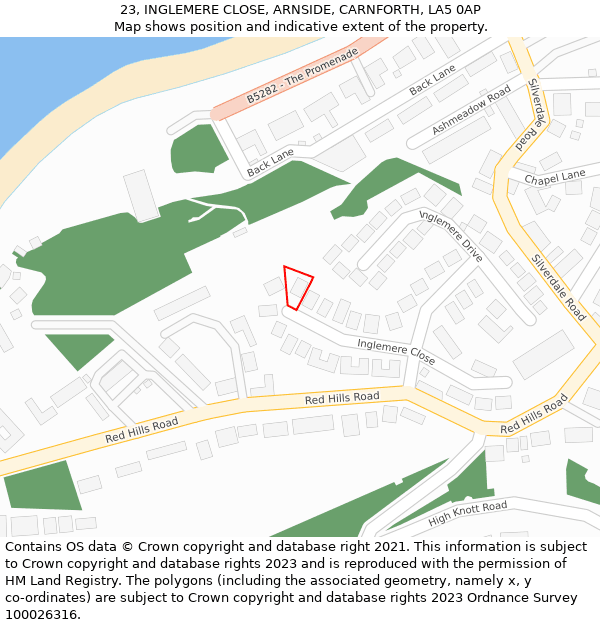 23, INGLEMERE CLOSE, ARNSIDE, CARNFORTH, LA5 0AP: Location map and indicative extent of plot