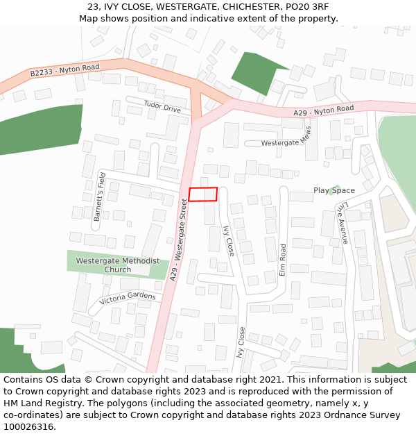 23, IVY CLOSE, WESTERGATE, CHICHESTER, PO20 3RF: Location map and indicative extent of plot