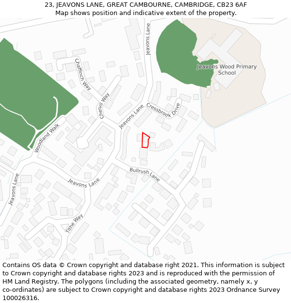 23, JEAVONS LANE, GREAT CAMBOURNE, CAMBRIDGE, CB23 6AF: Location map and indicative extent of plot