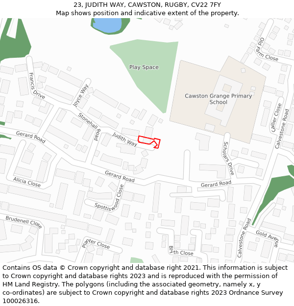 23, JUDITH WAY, CAWSTON, RUGBY, CV22 7FY: Location map and indicative extent of plot