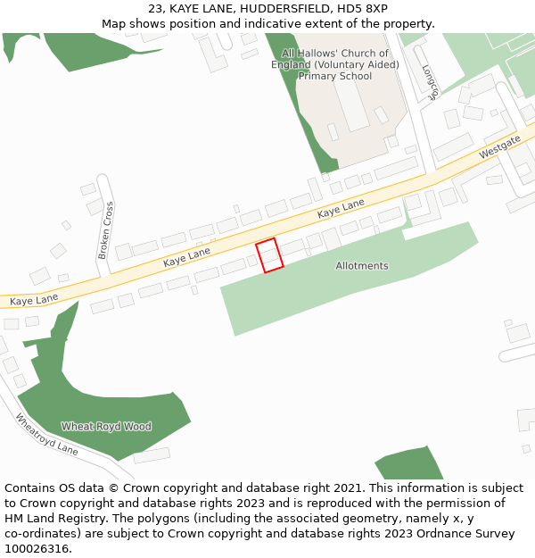 23, KAYE LANE, HUDDERSFIELD, HD5 8XP: Location map and indicative extent of plot