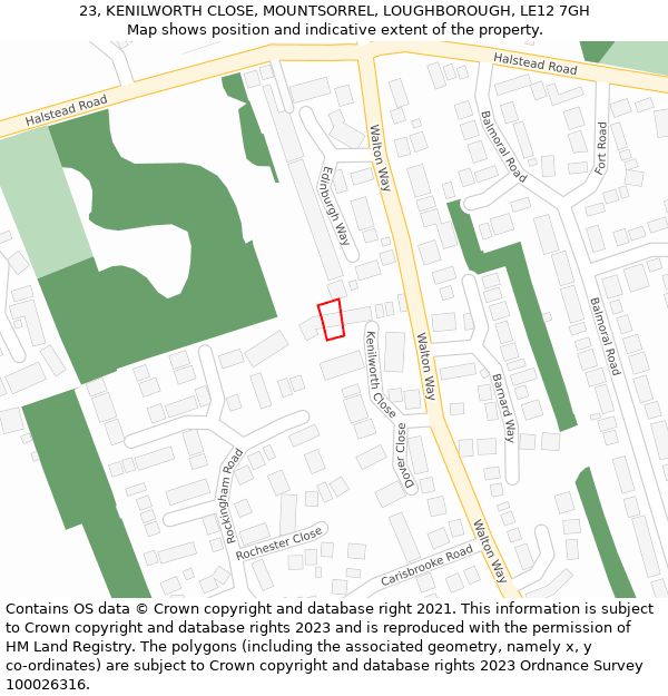 23, KENILWORTH CLOSE, MOUNTSORREL, LOUGHBOROUGH, LE12 7GH: Location map and indicative extent of plot