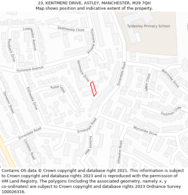 23, KENTMERE DRIVE, ASTLEY, MANCHESTER, M29 7QH: Location map and indicative extent of plot