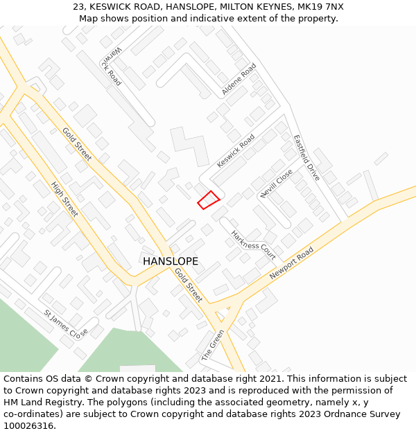 23, KESWICK ROAD, HANSLOPE, MILTON KEYNES, MK19 7NX: Location map and indicative extent of plot