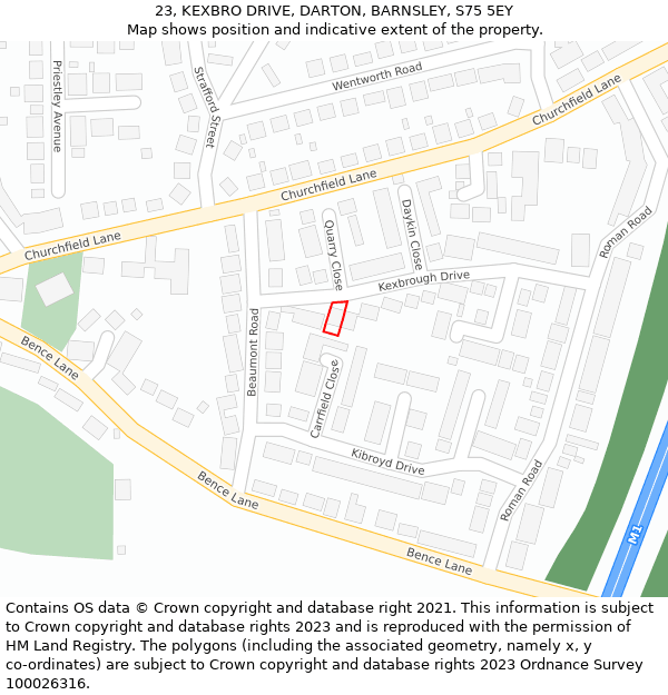 23, KEXBRO DRIVE, DARTON, BARNSLEY, S75 5EY: Location map and indicative extent of plot