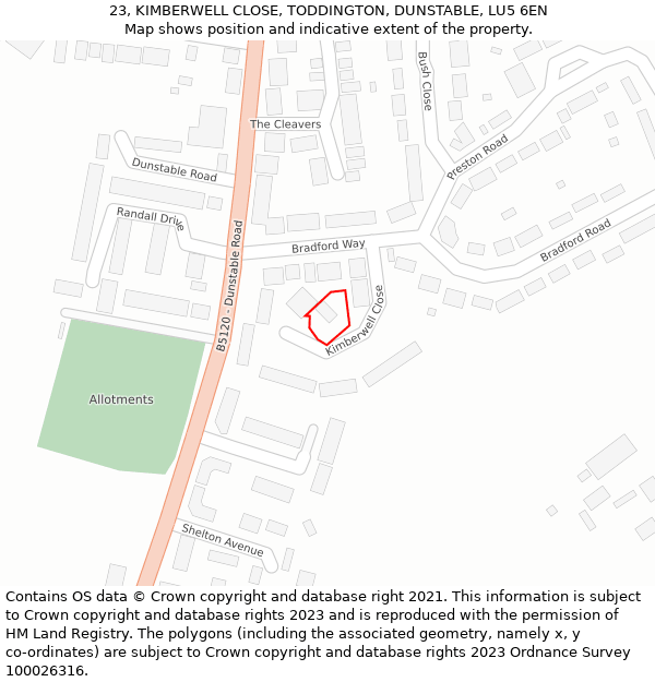 23, KIMBERWELL CLOSE, TODDINGTON, DUNSTABLE, LU5 6EN: Location map and indicative extent of plot