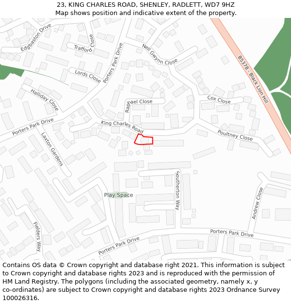 23, KING CHARLES ROAD, SHENLEY, RADLETT, WD7 9HZ: Location map and indicative extent of plot