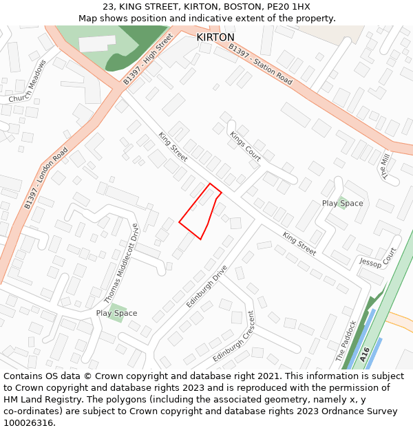 23, KING STREET, KIRTON, BOSTON, PE20 1HX: Location map and indicative extent of plot