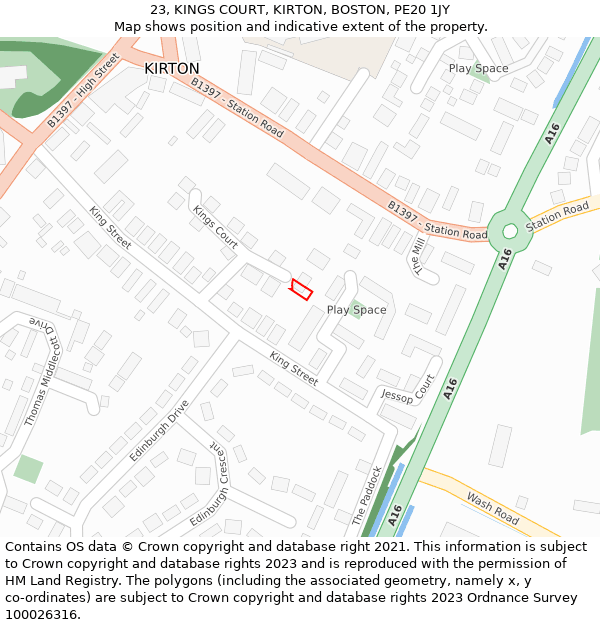 23, KINGS COURT, KIRTON, BOSTON, PE20 1JY: Location map and indicative extent of plot