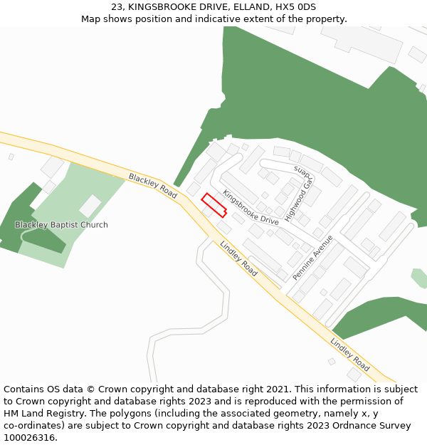 23, KINGSBROOKE DRIVE, ELLAND, HX5 0DS: Location map and indicative extent of plot