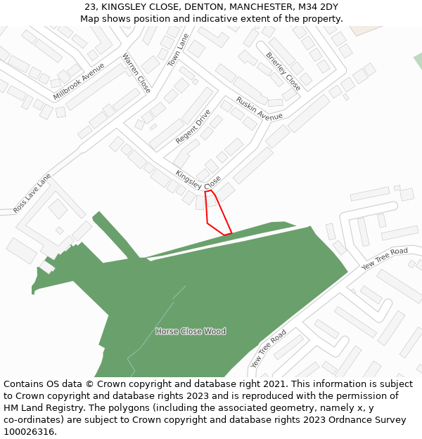 23, KINGSLEY CLOSE, DENTON, MANCHESTER, M34 2DY: Location map and indicative extent of plot