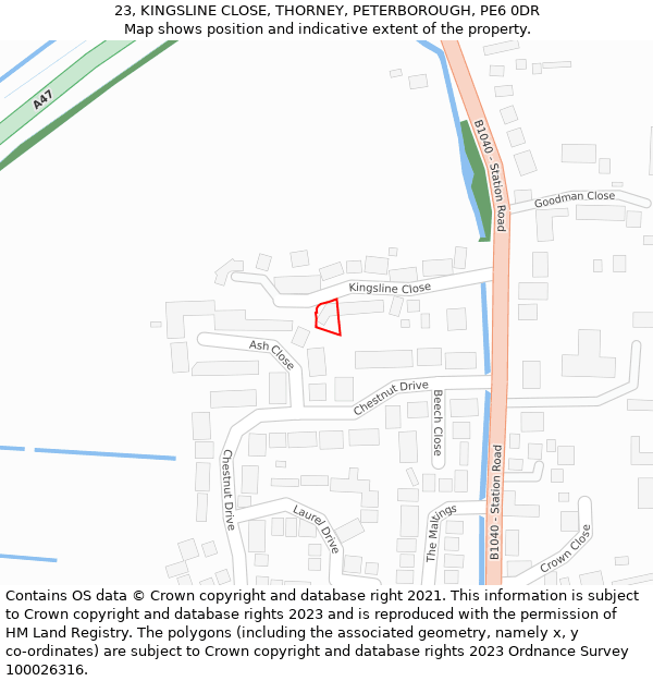 23, KINGSLINE CLOSE, THORNEY, PETERBOROUGH, PE6 0DR: Location map and indicative extent of plot