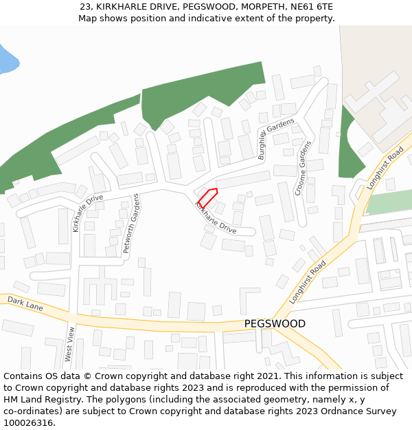 23, KIRKHARLE DRIVE, PEGSWOOD, MORPETH, NE61 6TE: Location map and indicative extent of plot