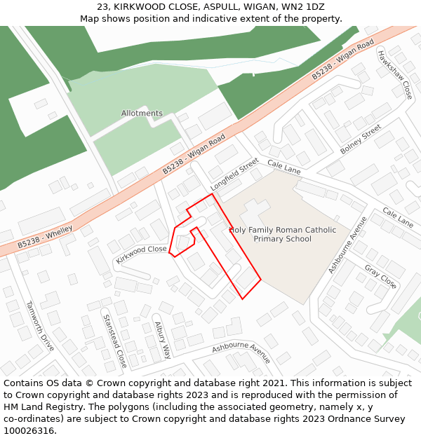 23, KIRKWOOD CLOSE, ASPULL, WIGAN, WN2 1DZ: Location map and indicative extent of plot