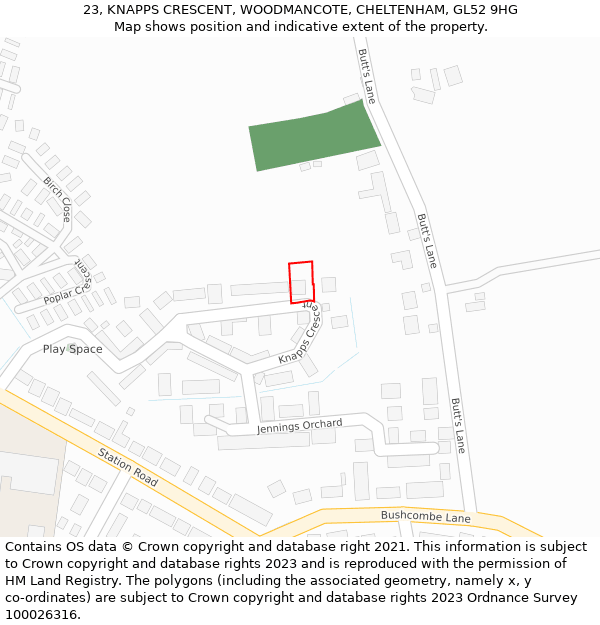 23, KNAPPS CRESCENT, WOODMANCOTE, CHELTENHAM, GL52 9HG: Location map and indicative extent of plot