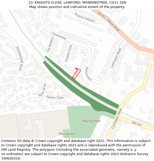 23, KNIGHTS CLOSE, LAWFORD, MANNINGTREE, CO11 1EN: Location map and indicative extent of plot