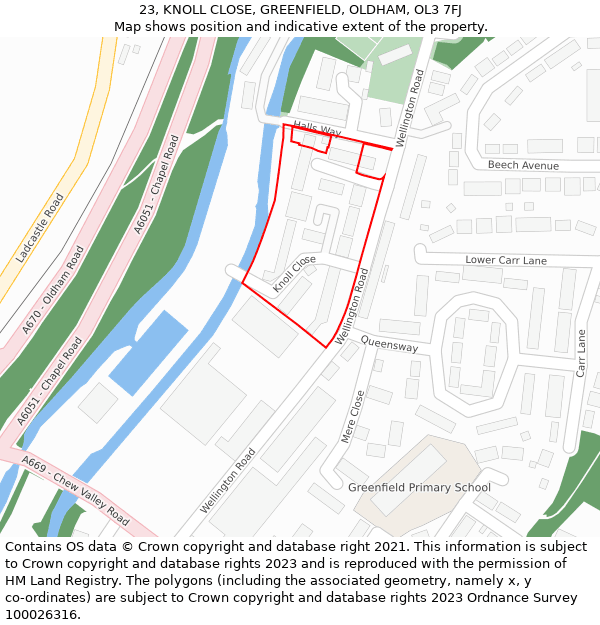 23, KNOLL CLOSE, GREENFIELD, OLDHAM, OL3 7FJ: Location map and indicative extent of plot