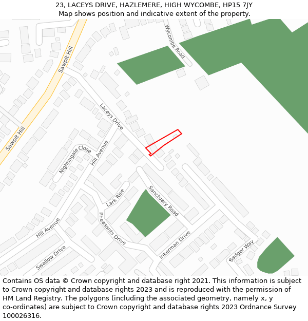 23, LACEYS DRIVE, HAZLEMERE, HIGH WYCOMBE, HP15 7JY: Location map and indicative extent of plot