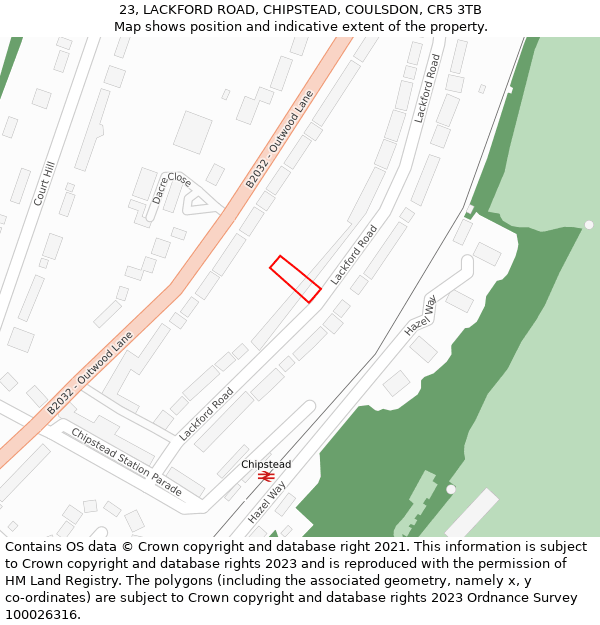 23, LACKFORD ROAD, CHIPSTEAD, COULSDON, CR5 3TB: Location map and indicative extent of plot