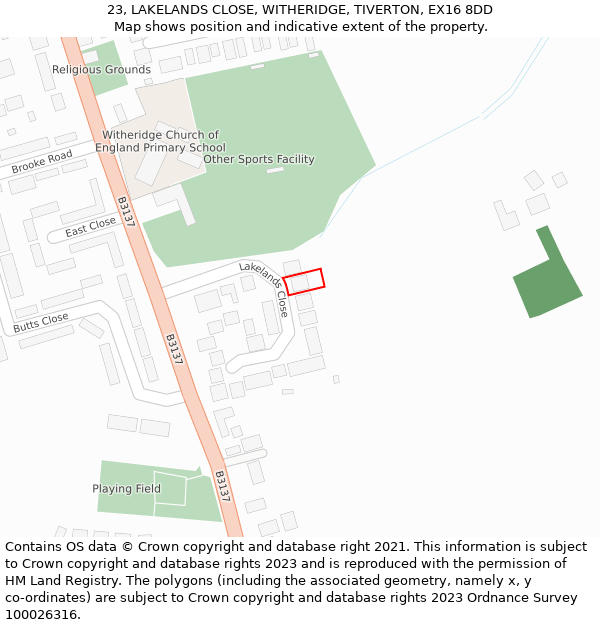 23, LAKELANDS CLOSE, WITHERIDGE, TIVERTON, EX16 8DD: Location map and indicative extent of plot