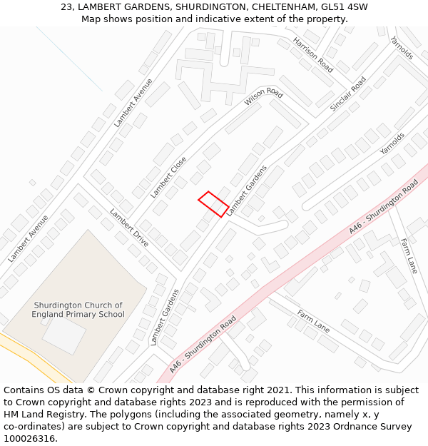 23, LAMBERT GARDENS, SHURDINGTON, CHELTENHAM, GL51 4SW: Location map and indicative extent of plot