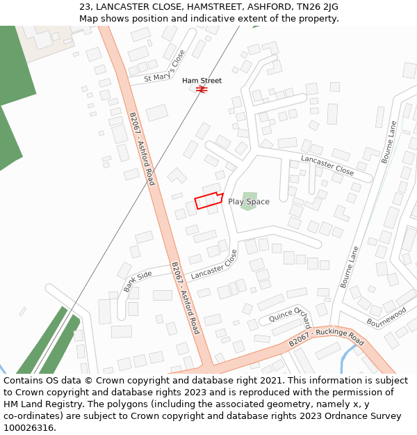 23, LANCASTER CLOSE, HAMSTREET, ASHFORD, TN26 2JG: Location map and indicative extent of plot