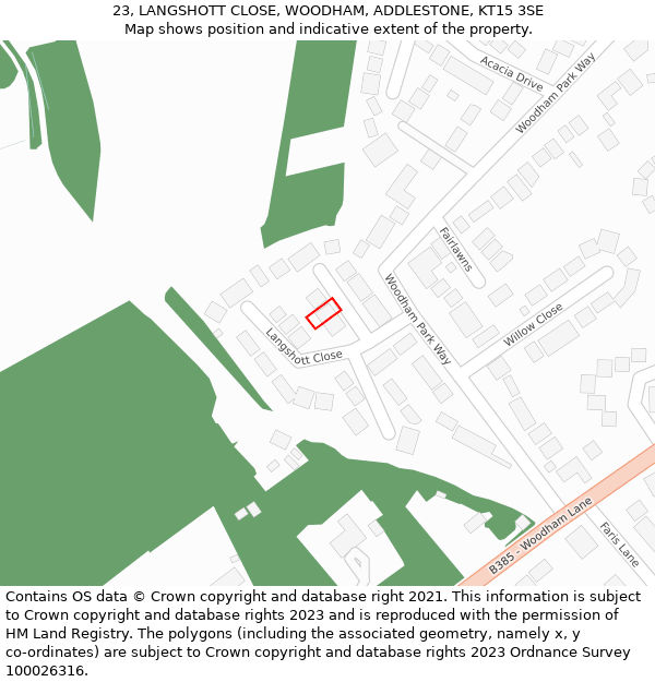 23, LANGSHOTT CLOSE, WOODHAM, ADDLESTONE, KT15 3SE: Location map and indicative extent of plot