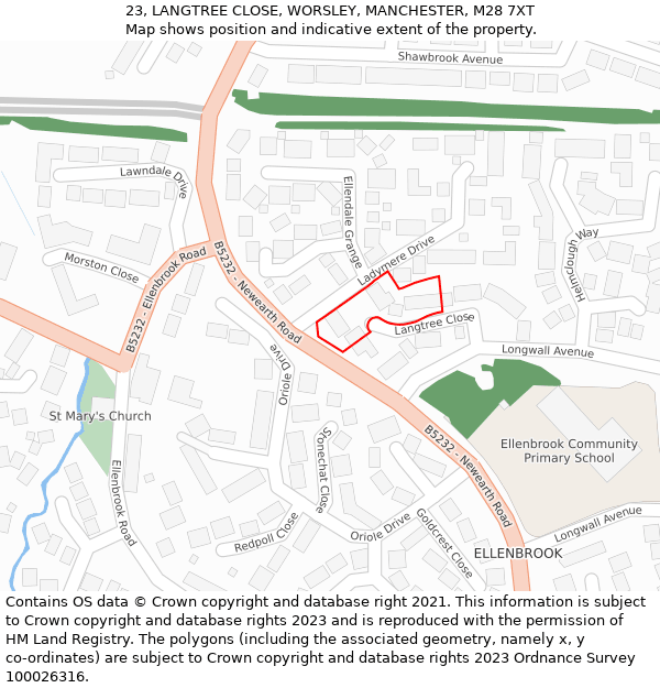 23, LANGTREE CLOSE, WORSLEY, MANCHESTER, M28 7XT: Location map and indicative extent of plot