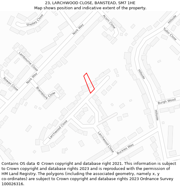 23, LARCHWOOD CLOSE, BANSTEAD, SM7 1HE: Location map and indicative extent of plot