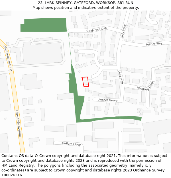 23, LARK SPINNEY, GATEFORD, WORKSOP, S81 8UN: Location map and indicative extent of plot