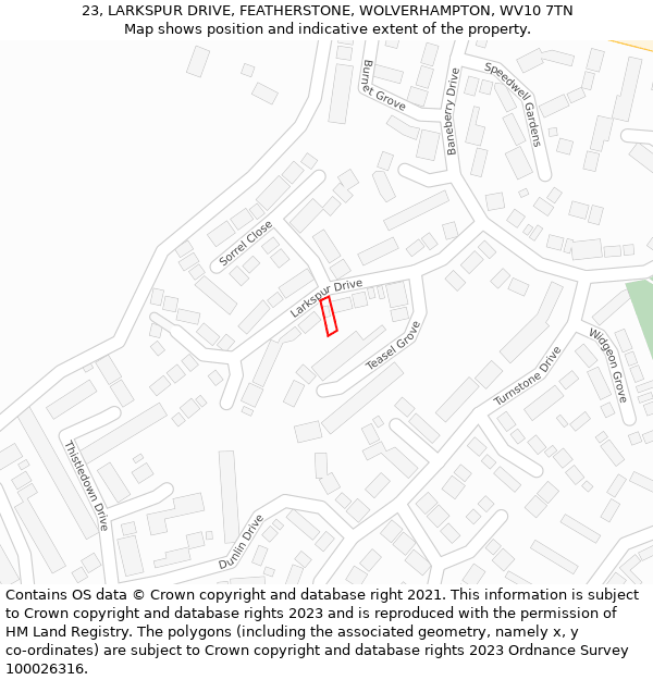 23, LARKSPUR DRIVE, FEATHERSTONE, WOLVERHAMPTON, WV10 7TN: Location map and indicative extent of plot
