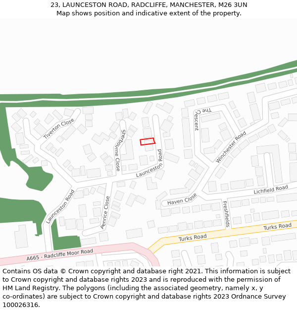 23, LAUNCESTON ROAD, RADCLIFFE, MANCHESTER, M26 3UN: Location map and indicative extent of plot