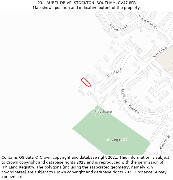 23, LAUREL DRIVE, STOCKTON, SOUTHAM, CV47 8FB: Location map and indicative extent of plot