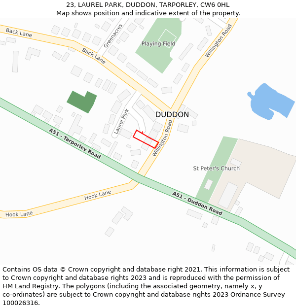 23, LAUREL PARK, DUDDON, TARPORLEY, CW6 0HL: Location map and indicative extent of plot