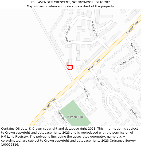 23, LAVENDER CRESCENT, SPENNYMOOR, DL16 7BZ: Location map and indicative extent of plot