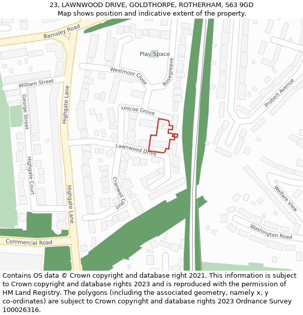 23, LAWNWOOD DRIVE, GOLDTHORPE, ROTHERHAM, S63 9GD: Location map and indicative extent of plot