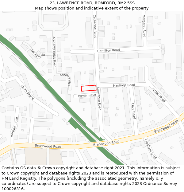 23, LAWRENCE ROAD, ROMFORD, RM2 5SS: Location map and indicative extent of plot