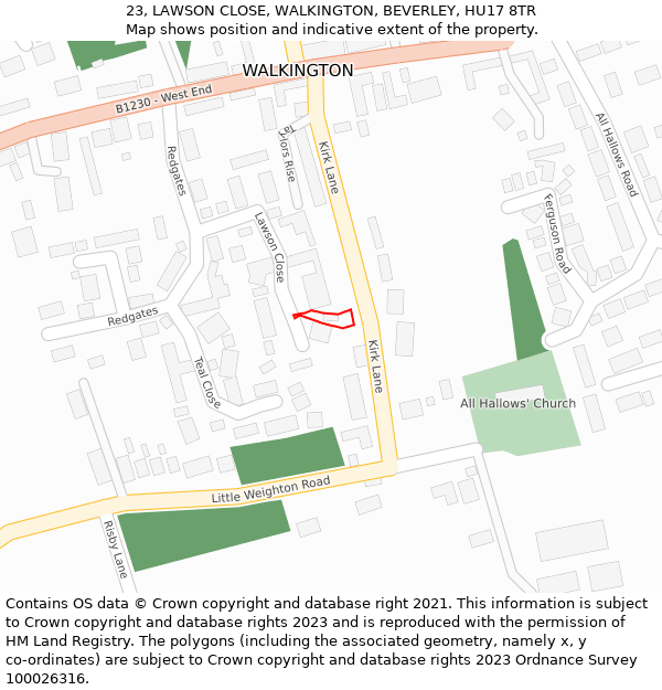 23, LAWSON CLOSE, WALKINGTON, BEVERLEY, HU17 8TR: Location map and indicative extent of plot