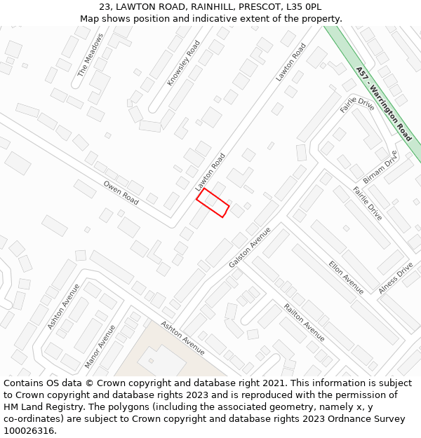 23, LAWTON ROAD, RAINHILL, PRESCOT, L35 0PL: Location map and indicative extent of plot