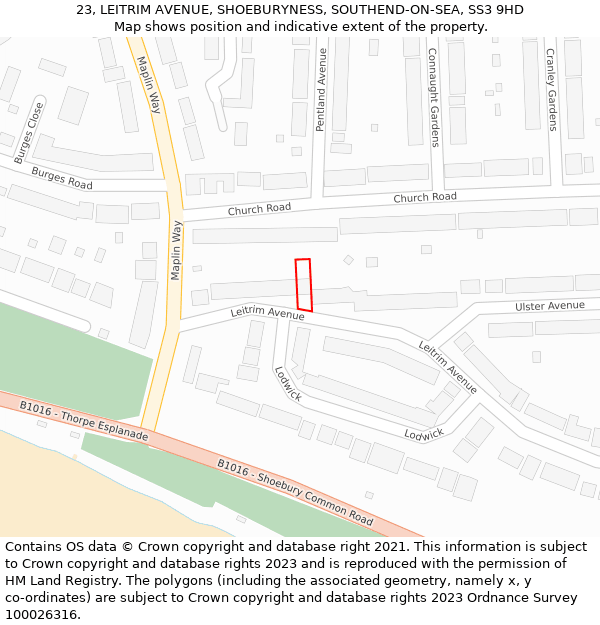 23, LEITRIM AVENUE, SHOEBURYNESS, SOUTHEND-ON-SEA, SS3 9HD: Location map and indicative extent of plot