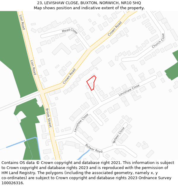 23, LEVISHAW CLOSE, BUXTON, NORWICH, NR10 5HQ: Location map and indicative extent of plot