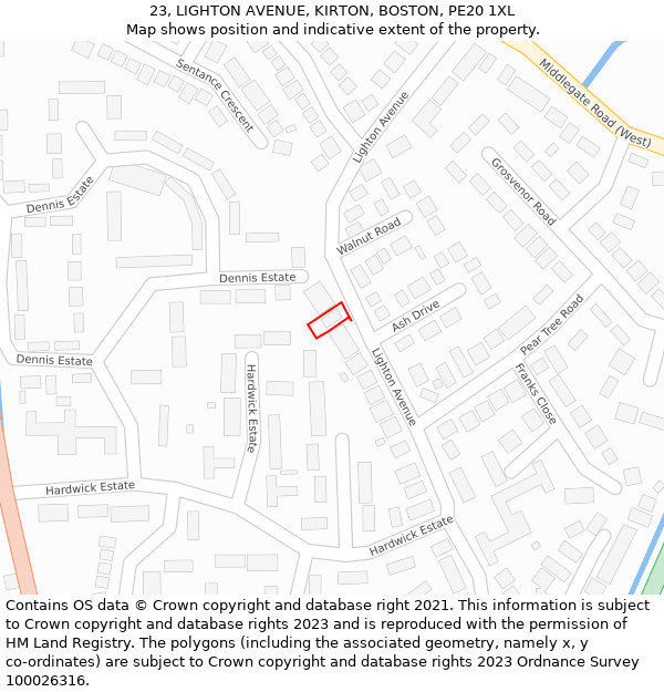 23, LIGHTON AVENUE, KIRTON, BOSTON, PE20 1XL: Location map and indicative extent of plot