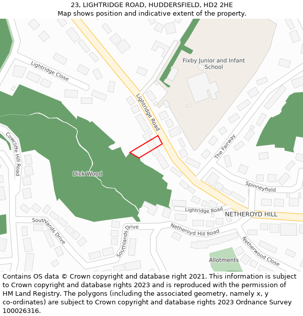 23, LIGHTRIDGE ROAD, HUDDERSFIELD, HD2 2HE: Location map and indicative extent of plot