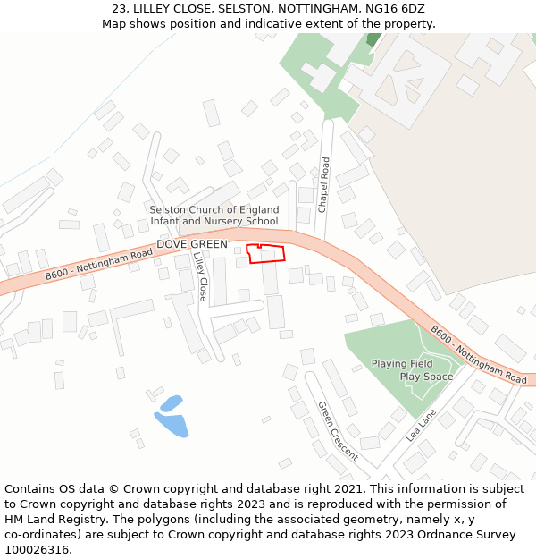 23, LILLEY CLOSE, SELSTON, NOTTINGHAM, NG16 6DZ: Location map and indicative extent of plot