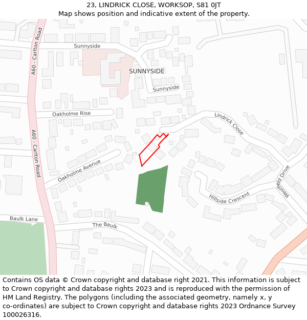 23, LINDRICK CLOSE, WORKSOP, S81 0JT: Location map and indicative extent of plot