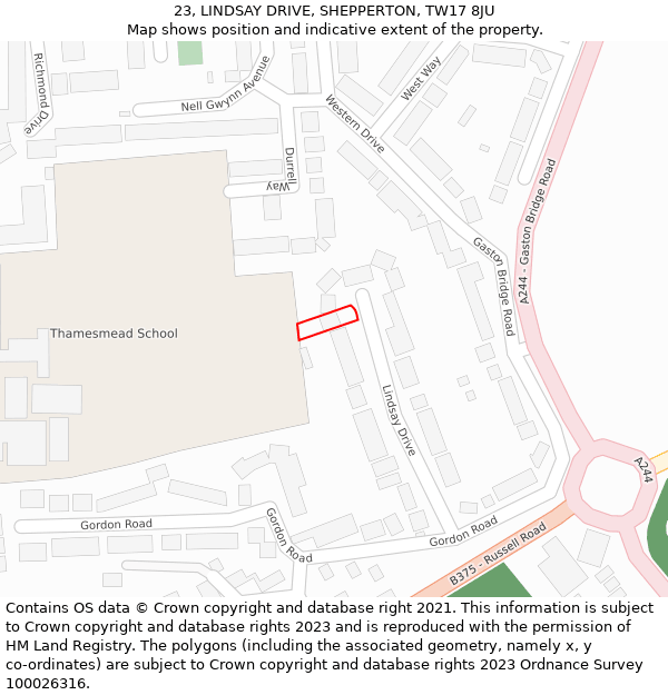 23, LINDSAY DRIVE, SHEPPERTON, TW17 8JU: Location map and indicative extent of plot