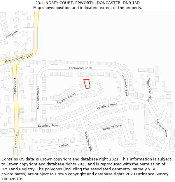 23, LINDSEY COURT, EPWORTH, DONCASTER, DN9 1SD: Location map and indicative extent of plot