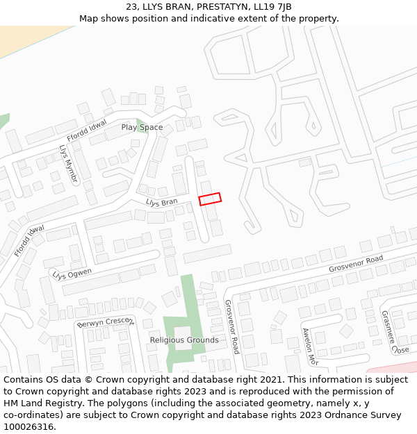 23, LLYS BRAN, PRESTATYN, LL19 7JB: Location map and indicative extent of plot