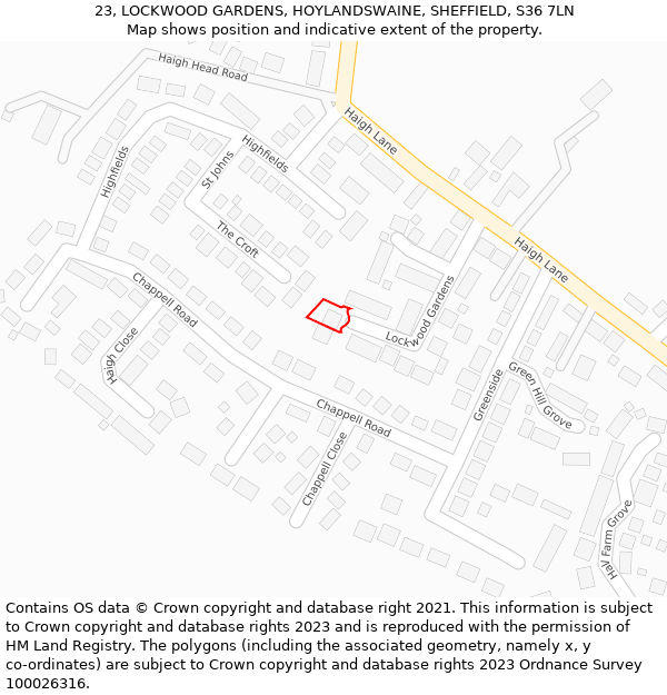 23, LOCKWOOD GARDENS, HOYLANDSWAINE, SHEFFIELD, S36 7LN: Location map and indicative extent of plot