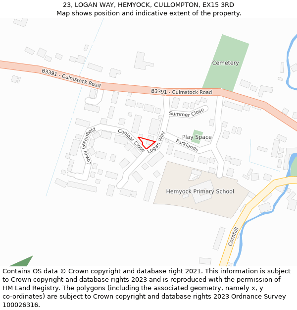 23, LOGAN WAY, HEMYOCK, CULLOMPTON, EX15 3RD: Location map and indicative extent of plot